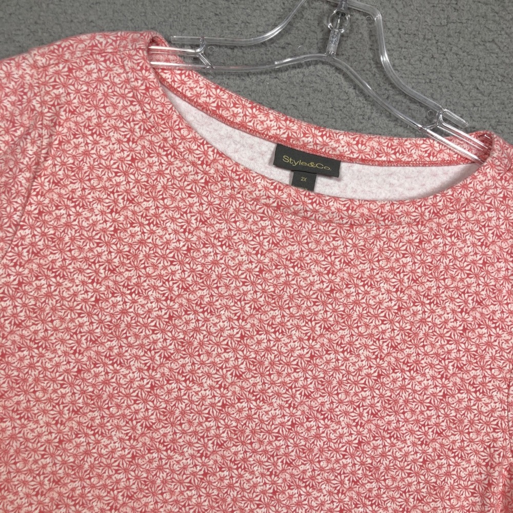 Style & Co T-Shirt Womens 2X Pink Floral Print Cuffed Short Sleeve Boat Neck Top